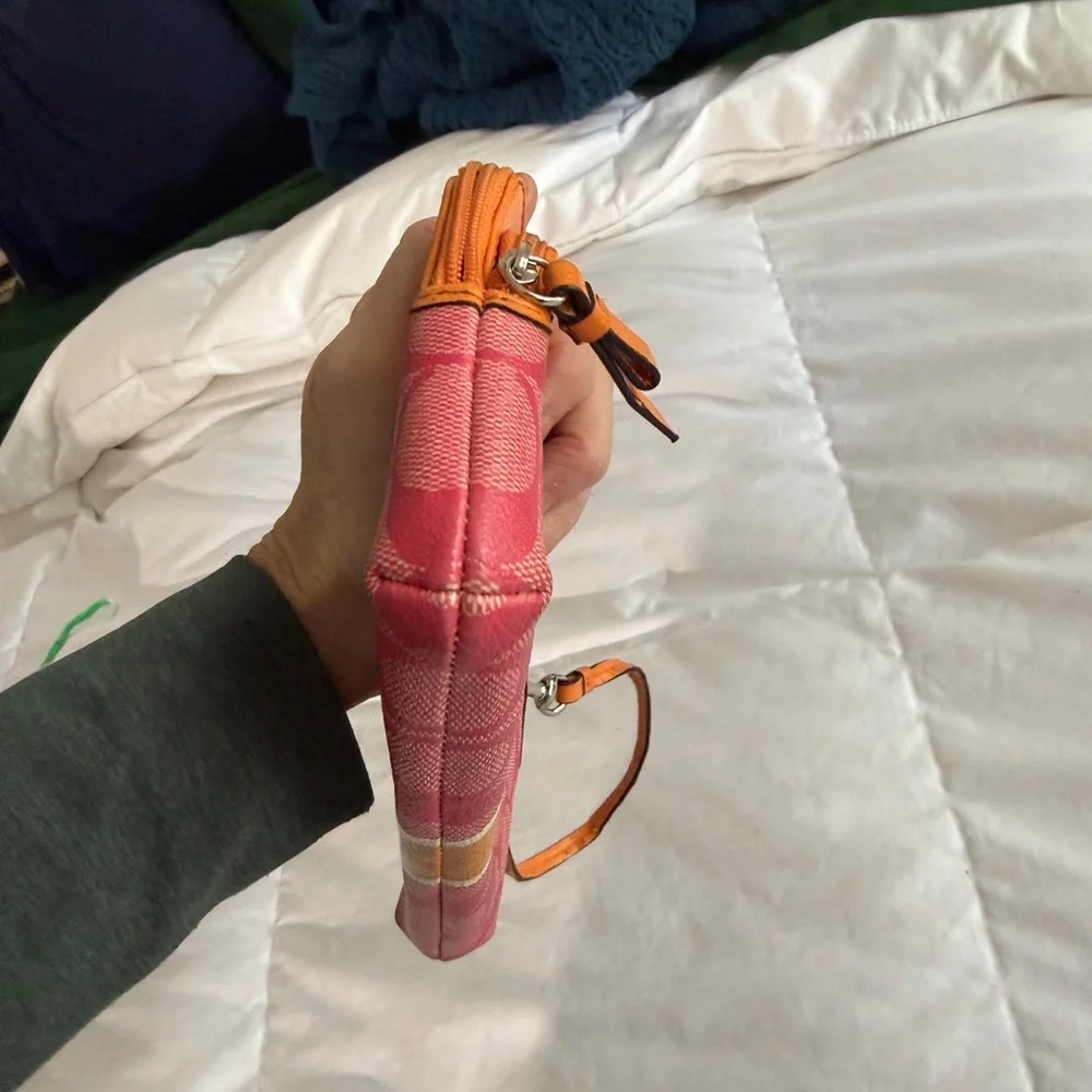 Coach Signature Stripe Double Zip Wristlet | Orange and Pink - Picture 8 of 15